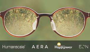 Image of glasses with logos for Humanscale, AERA, HappyFamily, and EON